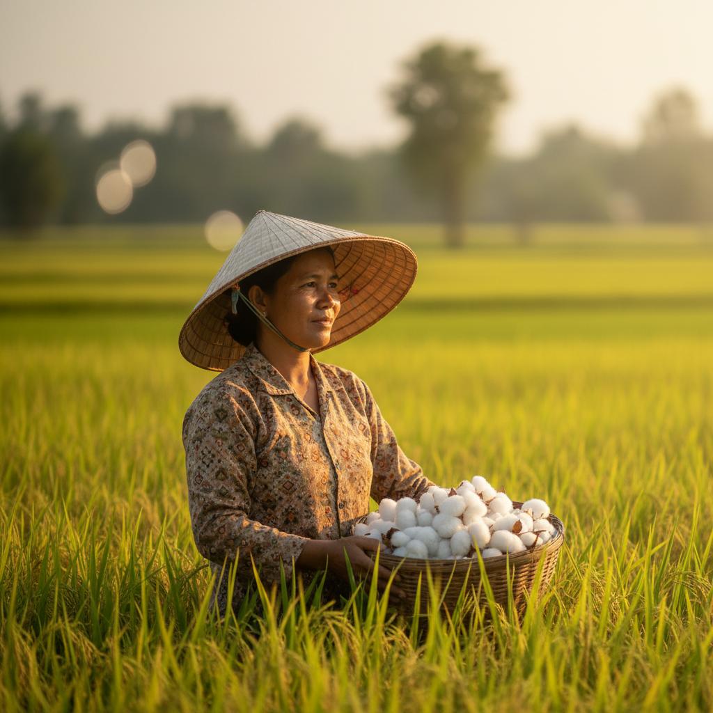 A woman farmer in a rice paddy wearing a traditional conical hat, holding a basket